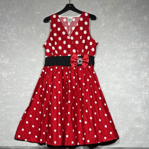 DISNEY PARKS Minnie Mouse Dress XL Red White Sleeveless V-Neck P olka Dot - Picture 1 of 13